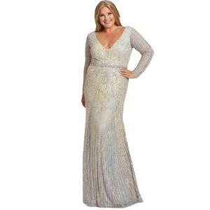MAC DUGGAL Dress Size 16W Evening Gown Sequin Platinum Gold Silver V Neck NEW